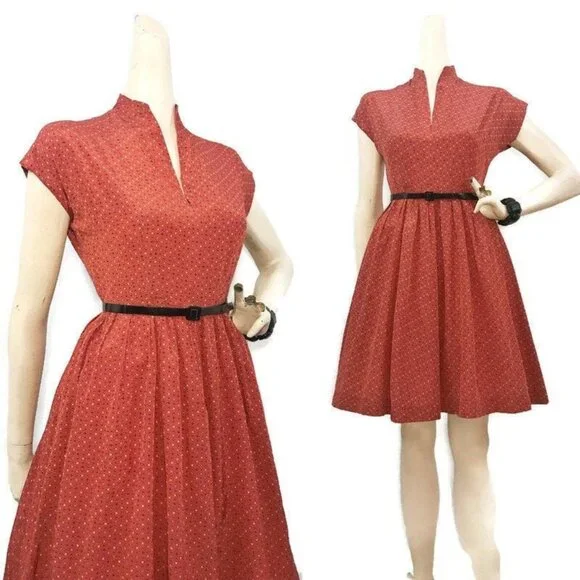 Vintage Dress 1950s 50s Starburst Print Rayon Full Skirt Orange Rockabilly - Picture 5 of 7